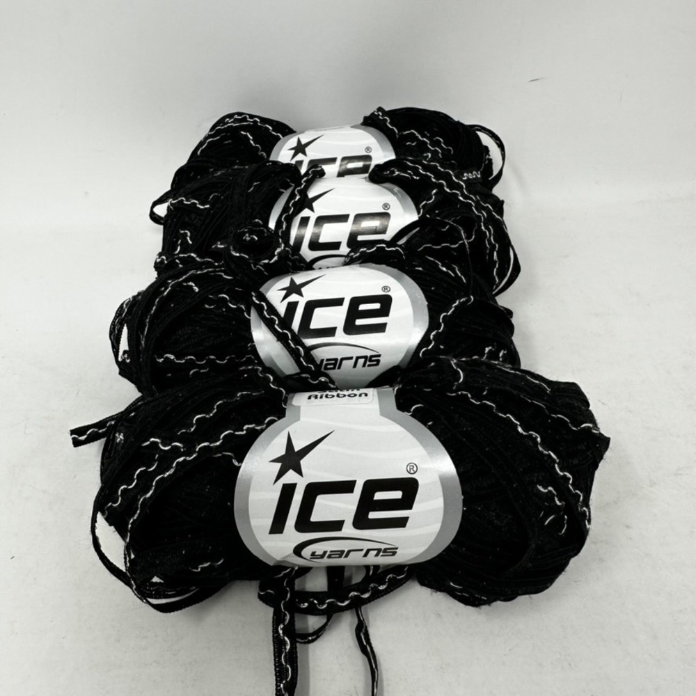 Ice Yarns Satin Ribbon Black Silver Lurex Metallic Yarn Lot of 4 Skeins 50g Each